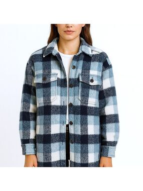 Old Navy Flannel Shacket Women Size Large Longer Lined Jacket Coat Pockets Blue